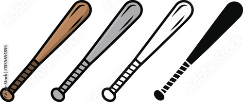 Various classic wood and metal baseball softball bat set of 4, baseball and softball gear, athletic equipment, wooden bats, metal bats, isolated