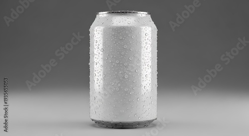 Condensation droplets covering a cold metallic beverage can on a flat surface. 12 oz can mockup