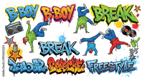 Colorful graffiti collage celebrating breakdance and hip hop culture.