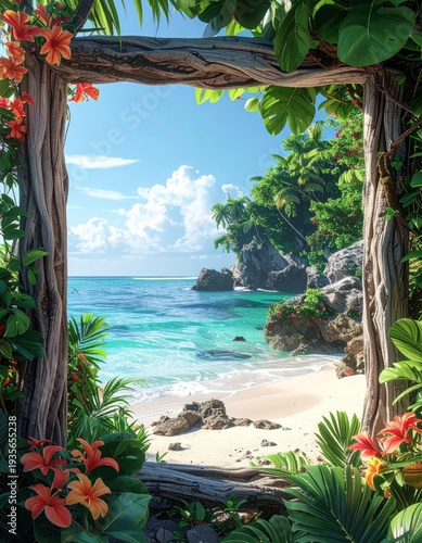 Tropical Beach View Through Wooden Frame With Lush Foliage And Clear Turquoise Water