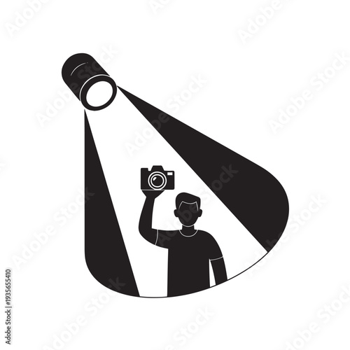 Photographer with camera under spotlight symbol representing creative pursuit and media capture profession hobby spotlight illumination artistic