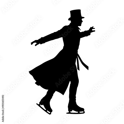 Silhouette of a man in a top hat and long coat ice skating elegantly