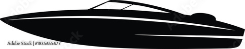 Sleek modern black speedboat silhouette isolated on a clean white background for graphic design purposes