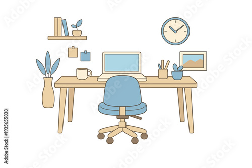 Minimalist home office workspace illustration with desk, laptop, ergonomic chair, wall clock, shelves, books, plants, and stationery decor