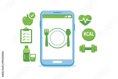 Mobile nutrition tracking app interface with plate and utensils icon surrounded by healthy food, hydration, calorie, heartbeat, and fitness symbols