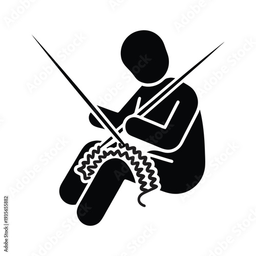 Minimalist illustration of a person knitting with large needles isolated on White Background