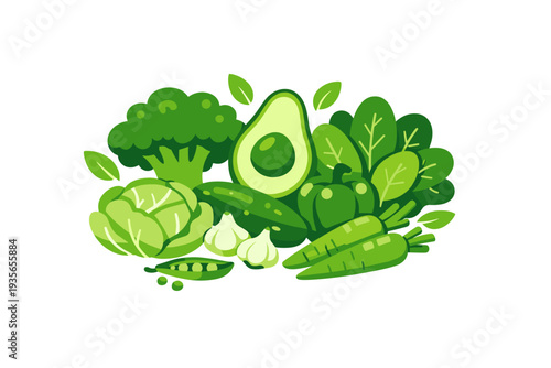 Assorted green vegetables illustration featuring avocado, broccoli, cucumber, leafy greens, peas, cabbage, garlic, and carrots on white background