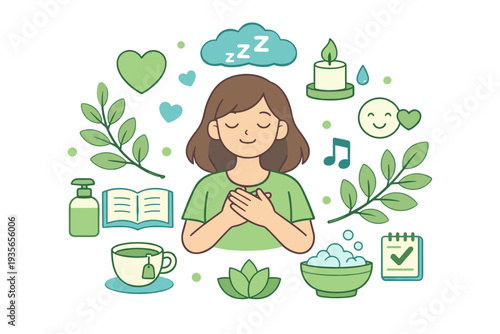 Self-care and wellness illustration of a calm woman practicing mindfulness surrounded by sleep, tea, reading, skincare, music, and relaxation icons