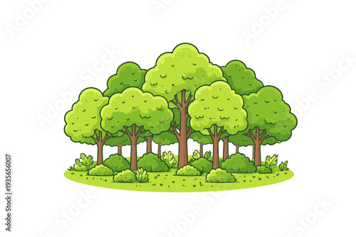 Cartoon-style forest grove with lush green deciduous trees and dense bushes on a grassy clearing, isolated nature landscape illustration