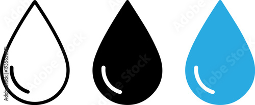 Three water droplets in black, white and blue