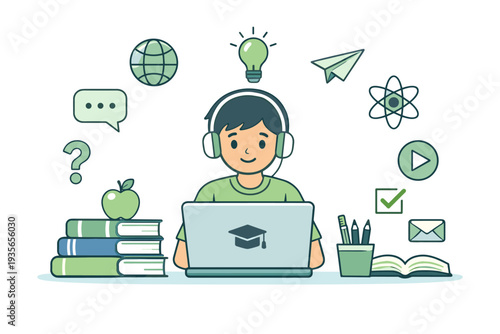 Online learning student using laptop with books, headphones, and education icons representing distance study, tutoring, and digital classroom tools