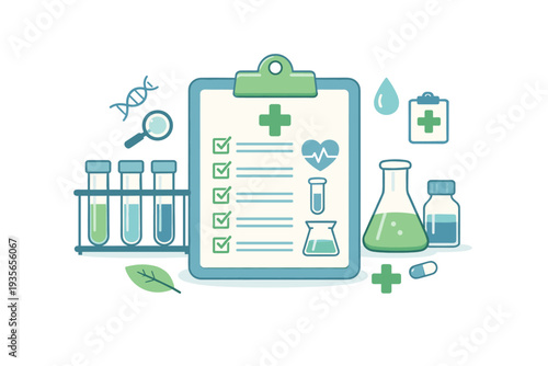 Medical laboratory illustration with clipboard checklist, test tubes, DNA icon, and chemistry flasks showing clinical research and health analysis tools