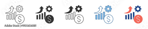 Dynamic financial growth and strategic business development concept icon depicting upward trends, monetary gain, and management gears for economic success