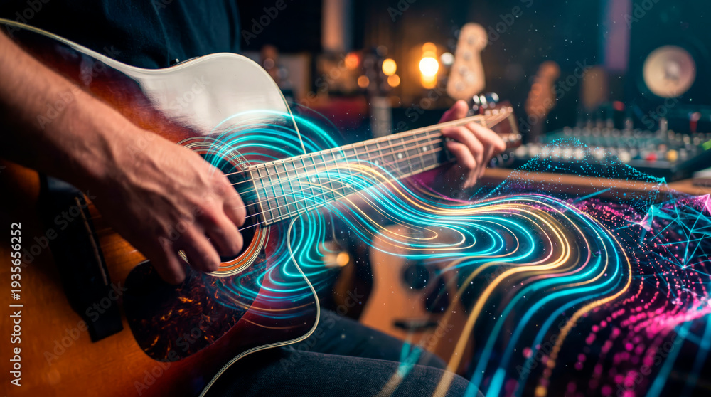 Naklejka premium Guitarist plays acoustic guitar with glowing digital music visualization