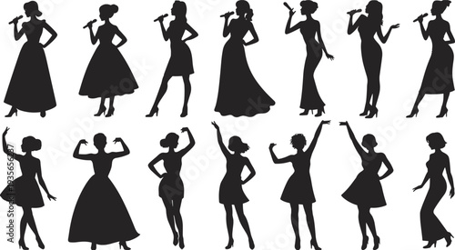 Black silhouette collection of female singers and elegant women in dresses performing with microphones for music and fashion vector design