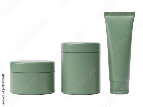 Sage green skincare product set isolated on transparent background