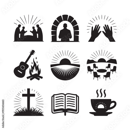 Set of christian icons including nativity scene praying hands man in an archway campfire with guitar sunset with rays people gathered around a table cross with rays bible hot cup