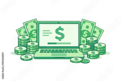 Digital finance illustration showing a laptop with dollar symbol surrounded by stacks of coins and paper banknotes, representing online earnings and budgeting