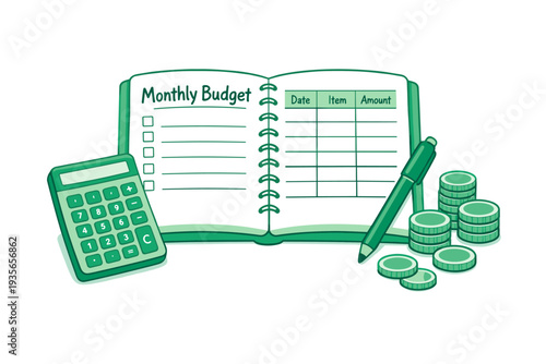 Illustration of monthly budget planner notebook with expense table, calculator, pen, and stacked coins for personal finance tracking and savings