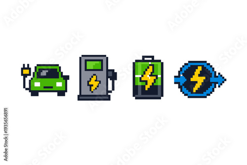 Pixel art icons of electric mobility and charging, featuring an electric car, charging station, battery pack, and energy connector symbols on white