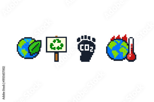 Pixel art environmental icons showing Earth, recycling sign, carbon dioxide footprint, and global warming thermometer for climate awareness concepts