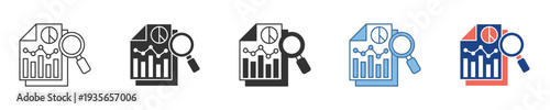 Financial data analysis concept icon set for business reporting, market research, and time-money management, illustrating comprehensive performance review and strategic planning