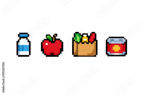 Pixel art grocery icons showing a milk bottle, red apple, paper shopping bag with vegetables, and a canned food item on a white background