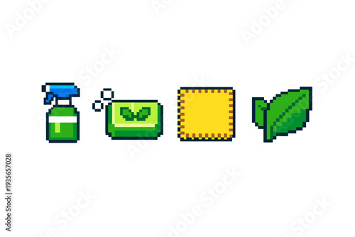 Pixel art eco cleaning supplies icons featuring a spray bottle, soap bar with bubbles, yellow sponge, and green leaves on white background