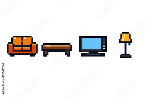 Pixel art living room furniture set featuring orange sofa, wooden coffee table, flat-screen television, and standing floor lamp in retro 8-bit style