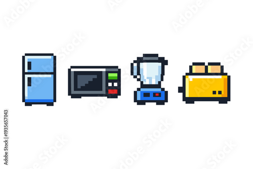 Pixel art kitchen appliances set featuring a refrigerator, microwave oven, blender, and toaster in retro 8-bit style on a clean white background