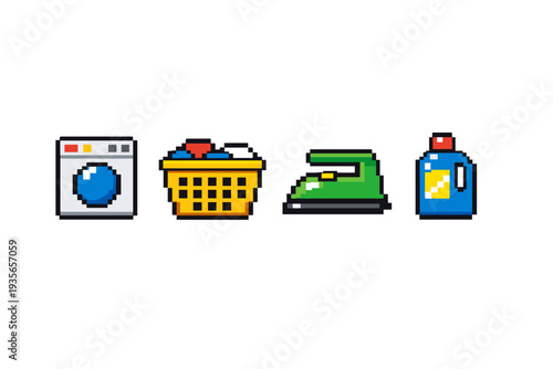 Pixel art set of household laundry items including washing machine icon, clothes basket, electric iron, and detergent bottle on white background