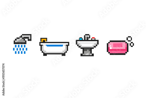 Pixel art bathroom hygiene icons showing a showerhead with falling water, a bathtub with faucet, a sink basin, and a bar of soap with bubbles