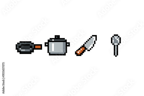 Pixel art kitchen utensils set with frying pan, cooking pot, chef knife, and spoon icons isolated on a white background in retro game style