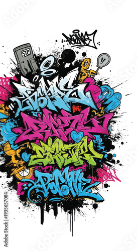 Colorful urban graffiti mural with splatters bold lettering and cartoon elements.