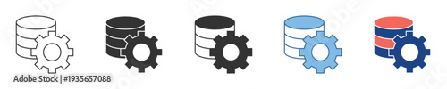 Modern vector icon variations representing database settings, data analysis, and server configuration for technology and information systems development