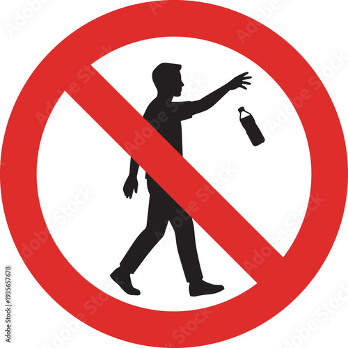 No littering sign with a silhouette of a person discarding a bottle into a trash can, indicating a prohibition against pollution