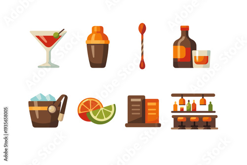 Collection of cocktail and bar icons featuring martini glass, shaker, bitters bottle, ice bucket, citrus slices, menu board, and stocked bar shelf