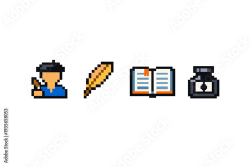 Pixel art writing and publishing icons featuring a person with pencil, quill feather, open book, and ink bottle on a clean white background
