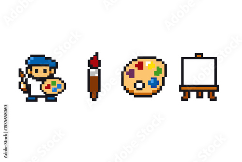 Pixel art illustration of a painter holding a palette with separate icons of a paintbrush, colorful artist palette, and blank canvas on an easel