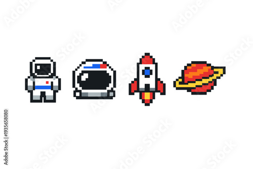 Pixel art space icon set featuring astronaut, space helmet, rocket ship, and ringed planet in retro 8-bit style isolated on white background