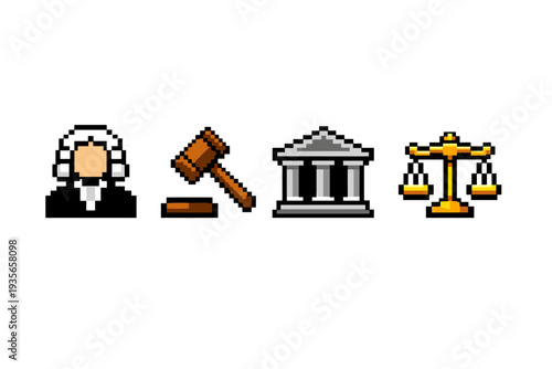Pixel art justice icons showing a judge, wooden gavel, courthouse building, and balanced scales representing law, legal system, and courtroom verdict
