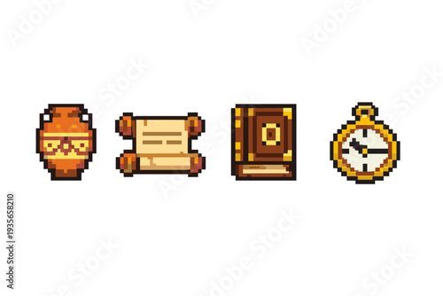Pixel art fantasy inventory icons featuring a potion bottle, parchment scroll, leather-bound book, and golden pocket watch on a white background