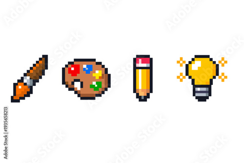 Pixel art icons of creative tools including paintbrush, artist palette, pencil, and glowing lightbulb, symbolizing imagination, design, and inspiration