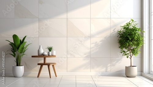 Interior scene with potted plants, a small table, and a large window in a tiled room