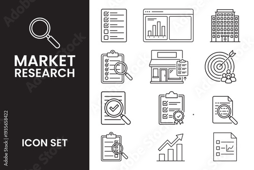 Market Research Line Icon Set with Analytics, Survey, Target and Business Strategy Symbols