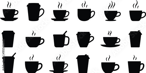 Coffee cup silhouettes set, hot beverage mugs and takeaway cups collection with steam, cafe drink icons isolated black vector illustration