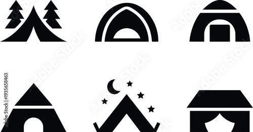Collection of six distinct simple black camping tent icons with varied designs and some featuring natural elements isolated on transparent background