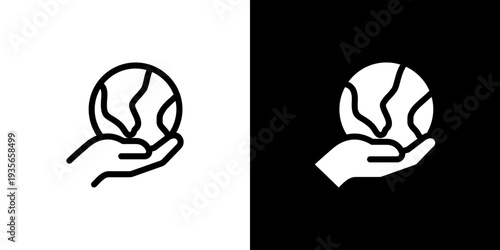 Sustainability Earth Hand icon concept with flat Black White Background. Vector illustration.