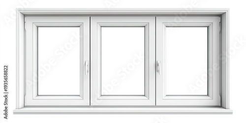 A white triple-pane window with a sill and surrounding trim, set against a blank background
