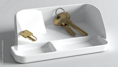 White, minimalist key holder with two golden keys inside a compartment, simple design